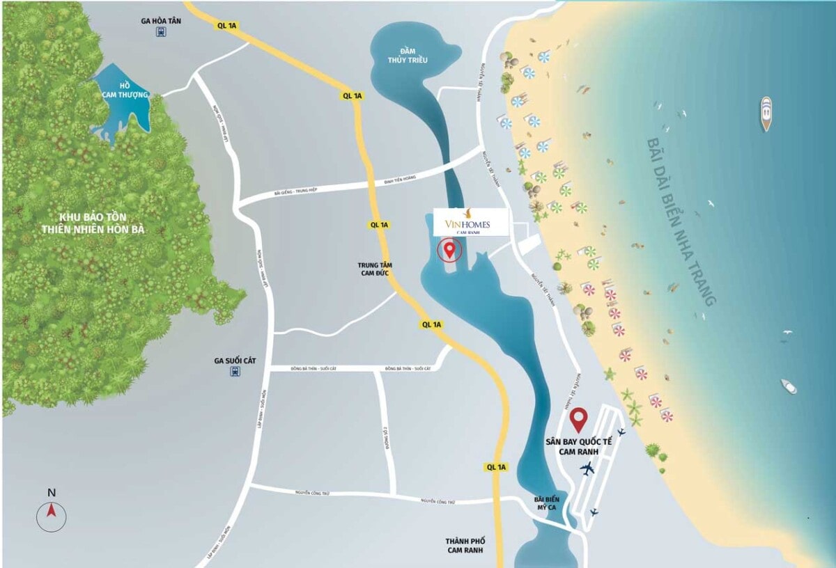 Bản đồ vị trí dự án Vinhomes Cam Ranh, thể hiện sự kết nối với các tuyến đường chính như Quốc lộ 1A, khu bảo tồn thiên nhiên Hòn Bà, đầm Thủy Triều, sân bay quốc tế Cam Ranh và bãi biển Nha Trang.